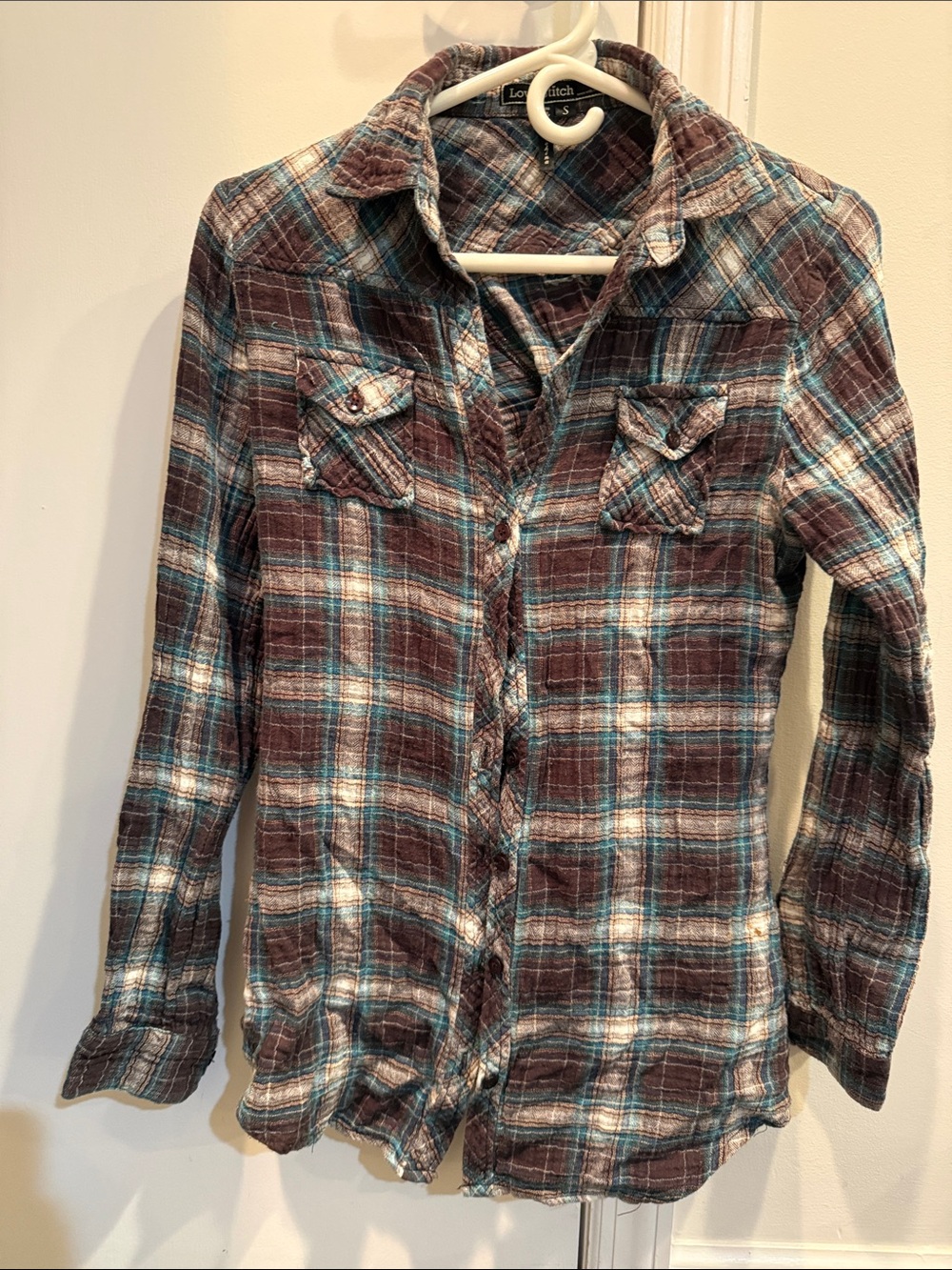 Love Stitch Plaid Shirt Jacket in Brown,,Teal, Cream. Size small